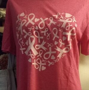 New,rose colored Tee with pink awareness breast cancer ribbon heart size medium.